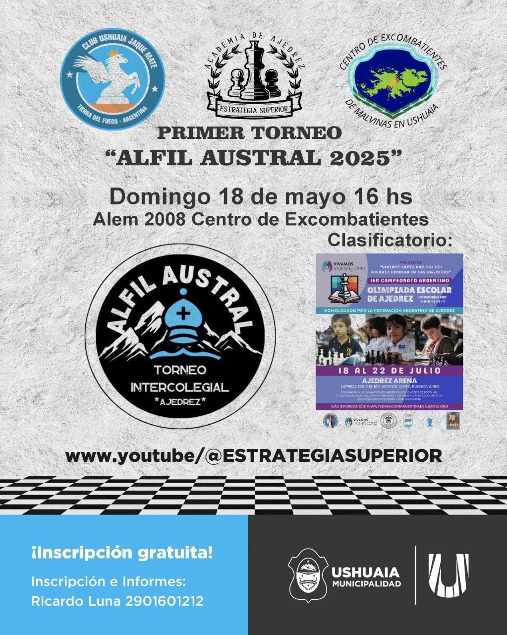LA MUNICIPALIDAD DE USHUAIA ACOMPAÑARÁ ESTE DOMINGO 18 EL PRIMER TORNEO “ALFIL AUSTRAL 2025”
