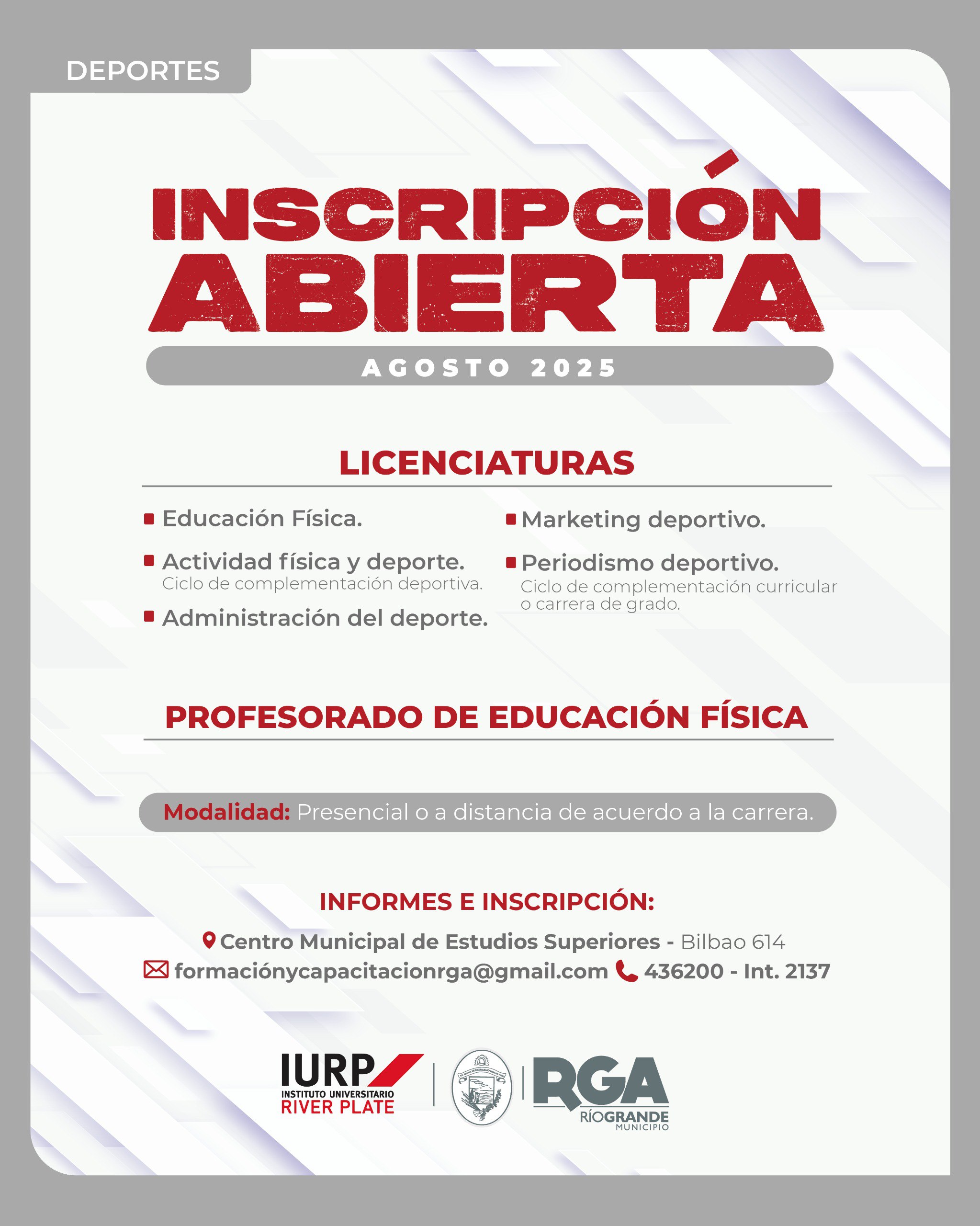 INSCRIPCIONES ABIERTAS PARA EL PROFESORADO DE EDUCACIÓN FÍSICA Y LAS NUEVAS CARRERAS DE IURP - RIO GRANDE