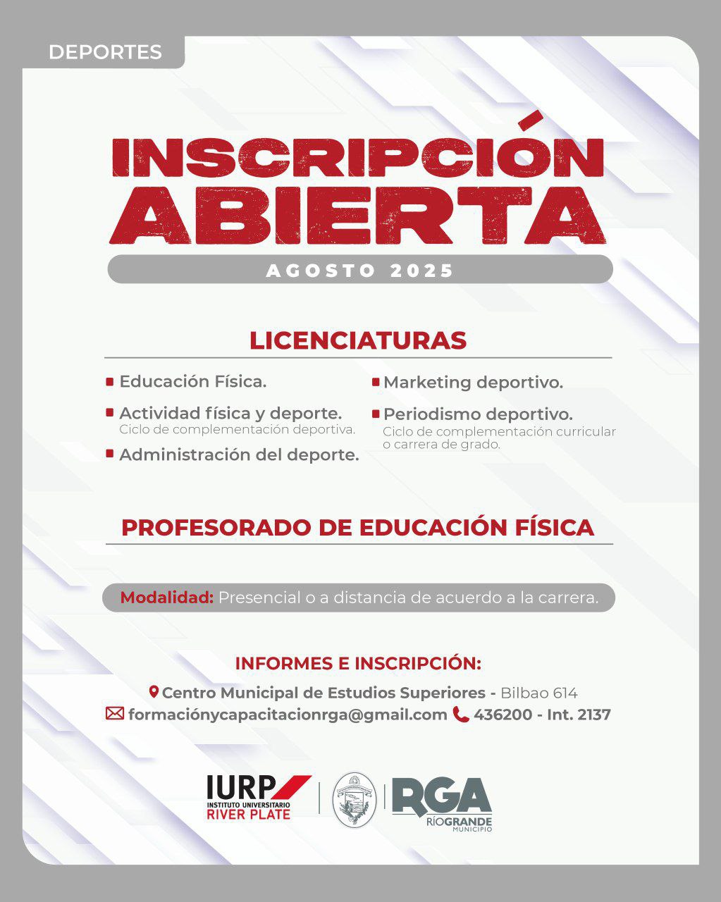 SIGUEN ABIERTAS LAS INSCRIPCIONES PARA EL PROFESORADO DE EDUCACIÓN FÍSICA Y LAS NUEVAS CARRERAS DE IURP