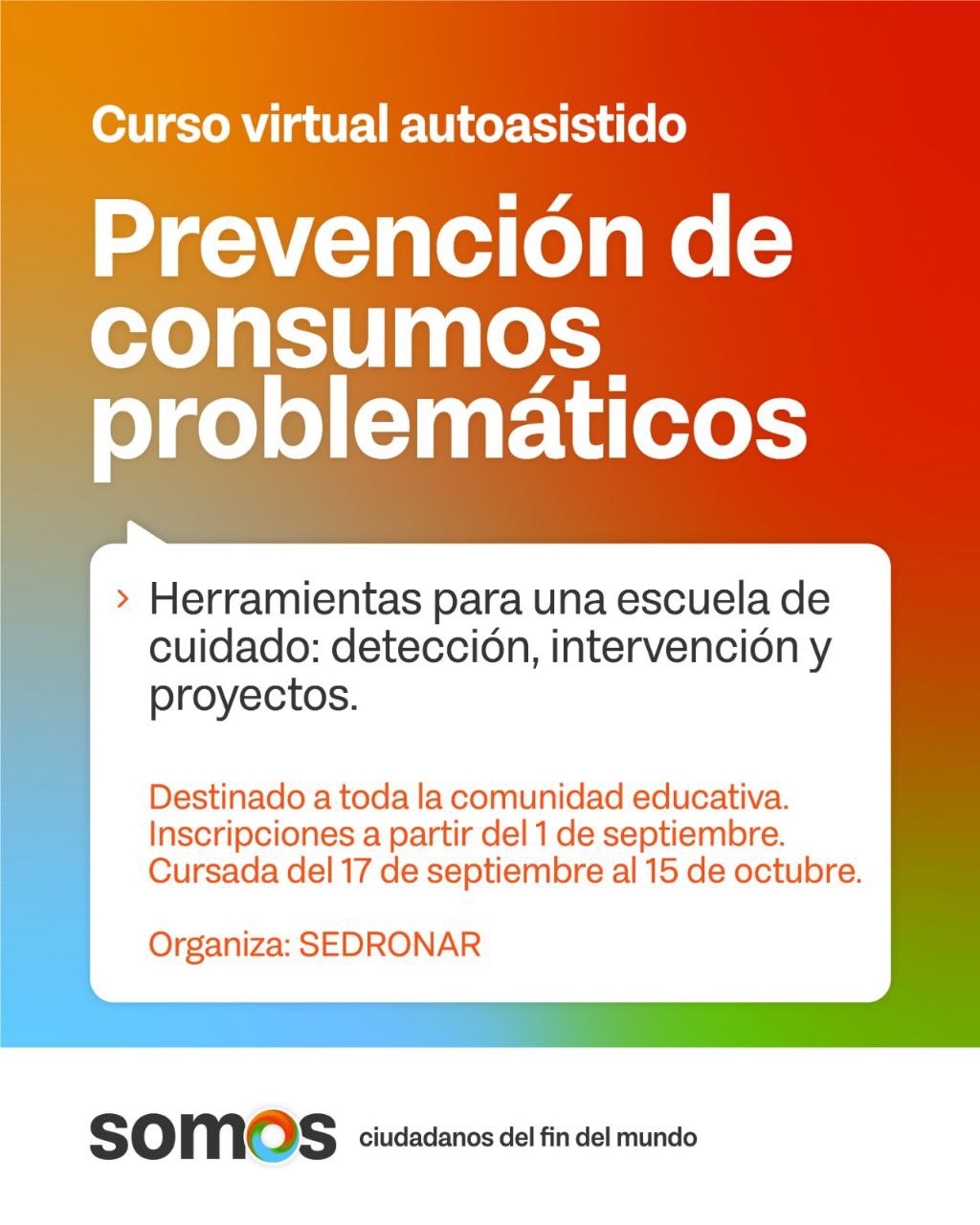 SE ABREN LAS INSCRIPCIONES PARA EL CURSO VIRTUAL SOBRE “PREVENCIÓN DE CONSUMOS PROBLEMÁTICOS EN EL ÁMBITO EDUCATIVO”