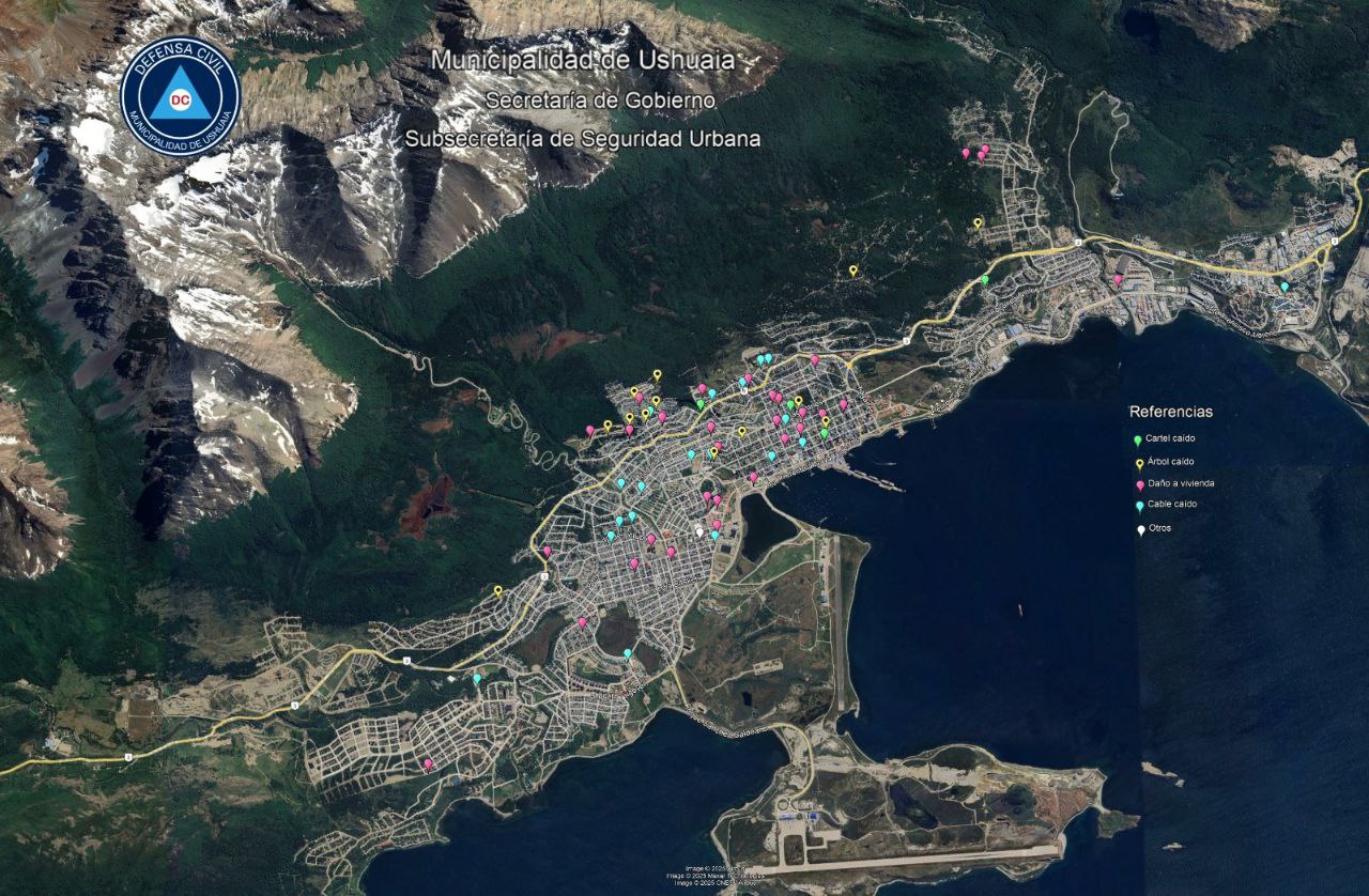 LA MUNICIPALIDAD DE USHUAIA INFORMÓ MÁS DE 60 INTERVENCIONES POR EL TEMPORAL DE VIENTO EN CINCO HORAS