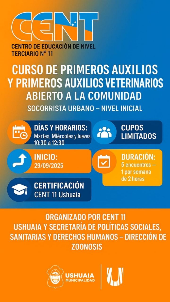 LA MUNICIPALIDAD DE USHUAIA INVITA A PARTICIPAR EN CURSOS DE PRIMEROS AUXILIOS VETERINARIOS CON CERTIFICACIÓN DEL CENT 11