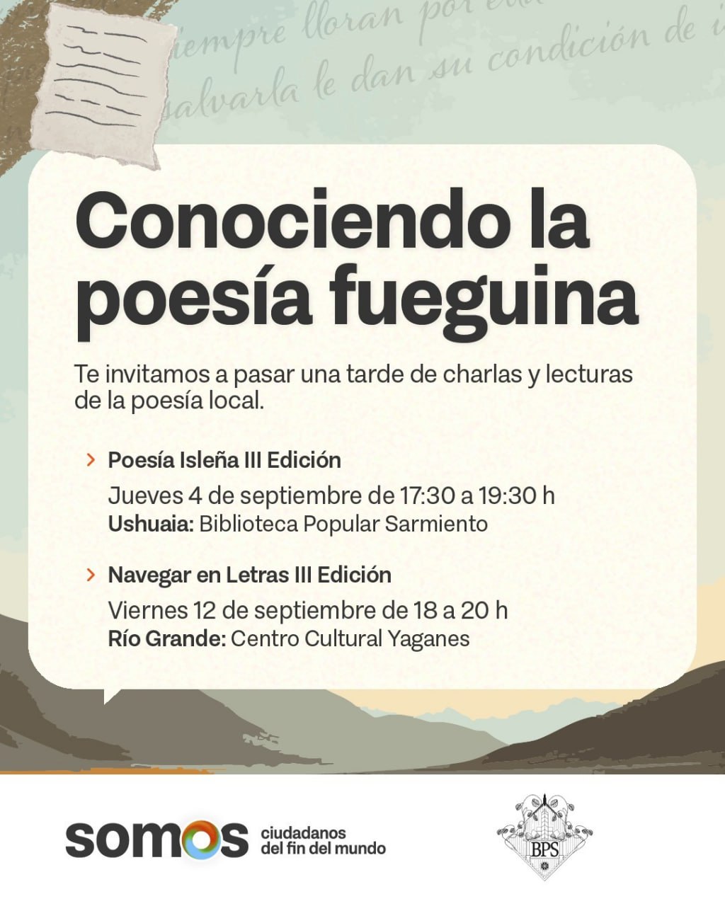 EL CENTRO POPULAR DE CULTURA CELEBRARÁ EL DÍA DE LA POESÍA FUEGUINA CON ACTIVIDADES EN USHUAIA Y RÍO GRANDE